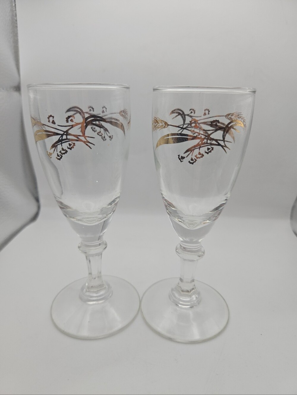 Vintage Gold Wheat Cordial Glasses Set of 2 Clear Stemmed Aperitif Liqueur Glass